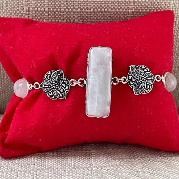 Women Handmade Bracelet Silver Tone Real Rainbow Moonstone Wrist Band Jewelry - Picture 2 of 12